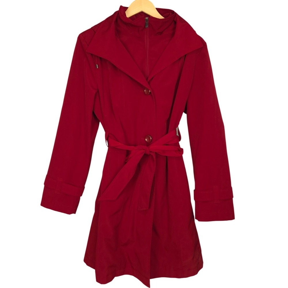 London Fog Trench Coat Womens Large Red Belted Hooded Wool Blend Lining Rain